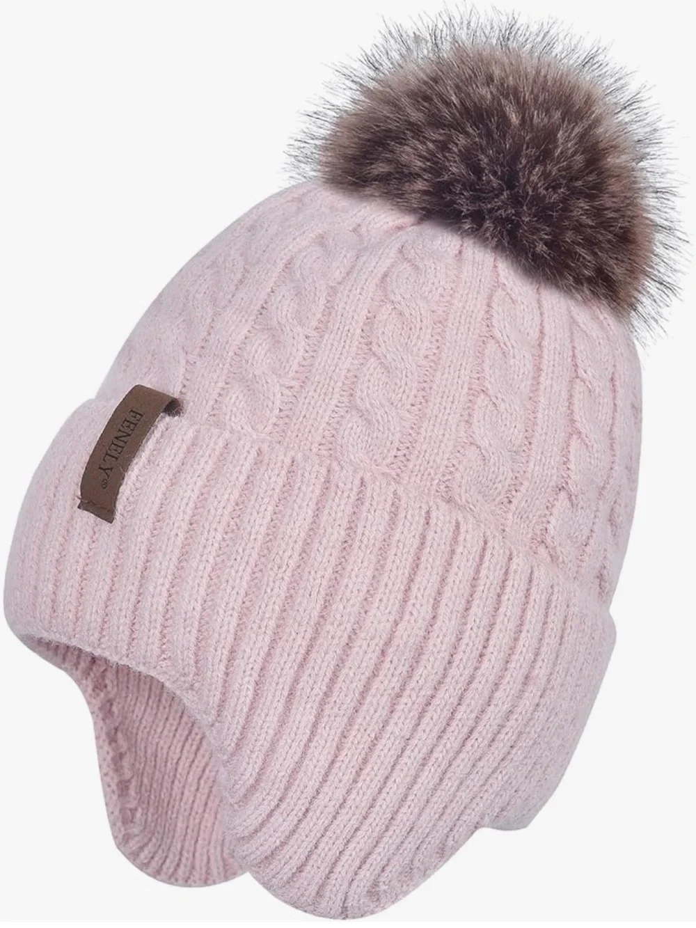 Women’s Blush Cable-Knit Pom Pom Earflap Hat